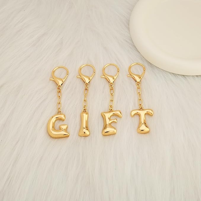 WOWORAMA Initial Letter Keychain for Women Chunky Gold Bubble Letter Bag Charm Purse Charm Personalized Keyrings Accessories