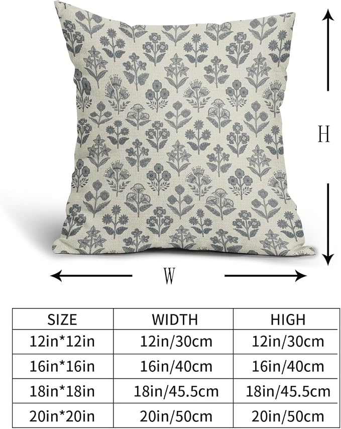 Dusty Blue Floral Pillow Covers 18x18 Inch Set of 2, Vintage Flower Block Print Pattern Decorative Throw Pillowcases Outdoor Farmhouse Cushion Covers Spring Summer Rustic Sofa Couch Bed Decor