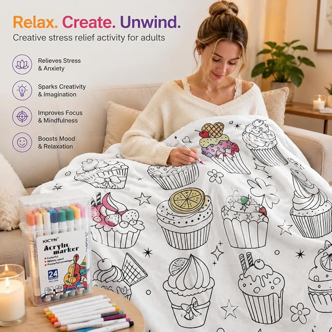 VEELU DIY Cupcake Coloring Blankets with 24 Colors Markers for Adults | Color In Your Own Blankets With 24 Colors Markers, Snuggle Color Sketch Washable Blankets Kit Home Decor