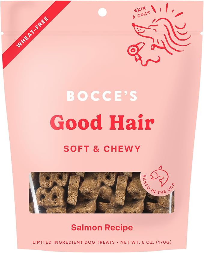 Bocce's Bakery Good Hair Soft & Chewy Dog Treats, Salmon Flavor (6 oz) | Oven Baked, Wheat-Free Everyday Dog Treat Cookies - Made with Real, Limited Ingredients and Baked in The USA