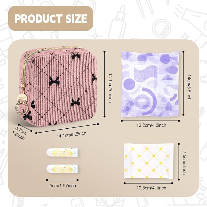 First Period Kit for Teen Girls, Bow Tie Corduroy Cute Sanitary Napkin Storage Bag, Menstrual Pad Bag Tampon Holder for Purse, First Period Gifts (Bow Tie)