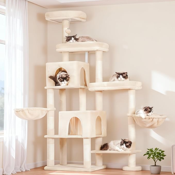 Hey-brother Cat Tree Tower with Stable Extended Base, 3 Platforms, MPJ038M | 70.9 Inches Multi-Level Sisal Scratching Posts, Wide Bed, 2 Cozy Condos, 2 Hammocks, Toy Balls for Indoor Cats, Beige