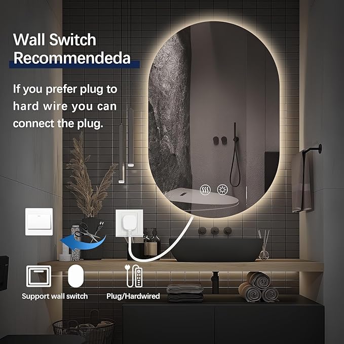 Niccy Oval LED Bathroom Vanity Mirror, 36x22inch Frameless Backlit Mirror with Light, Smart Anti-Fog Waterproof Mirror with Memory Function Dimmable Lighted Mirror