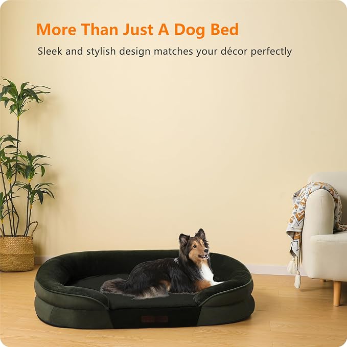 Dwanton Orthopedic Waterproof Large Dog Bed Sofa, Gel Memory Foam, 38" | Egg-Crate Foam Dog Sofa, Washable Pet Bed with Four Sided Bolster Cushion, Removable Cover & Non-Slip Bottom, Green