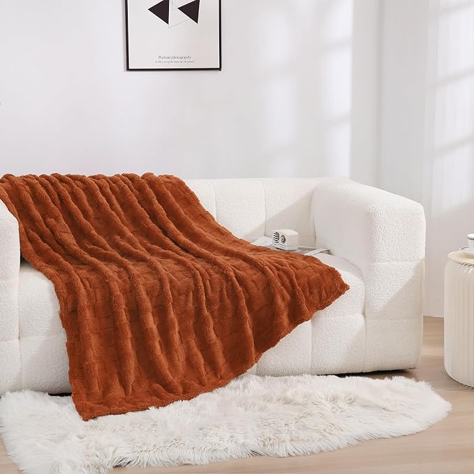Burnt Orange Fleece Throw Blanket 60”×80”Checkered Design for Couch Sofa | Super Soft Cozy Plush Microfiber 3D Square Pattern Flannel Blanket for Bed Lightweight for Adults,Women
