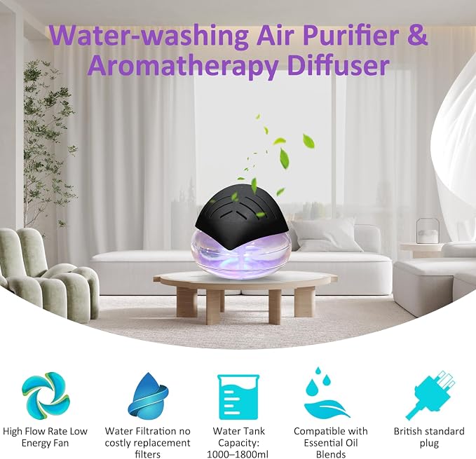 Water Air Purifiers for Home, Air Washer Aroma Diffuser, Air Filter Washer Humidifier, Essential Oils Aroma Fresher with LED Night Light for Office, Bedroom,Air Cleaner for Smoke and Pets(Black)