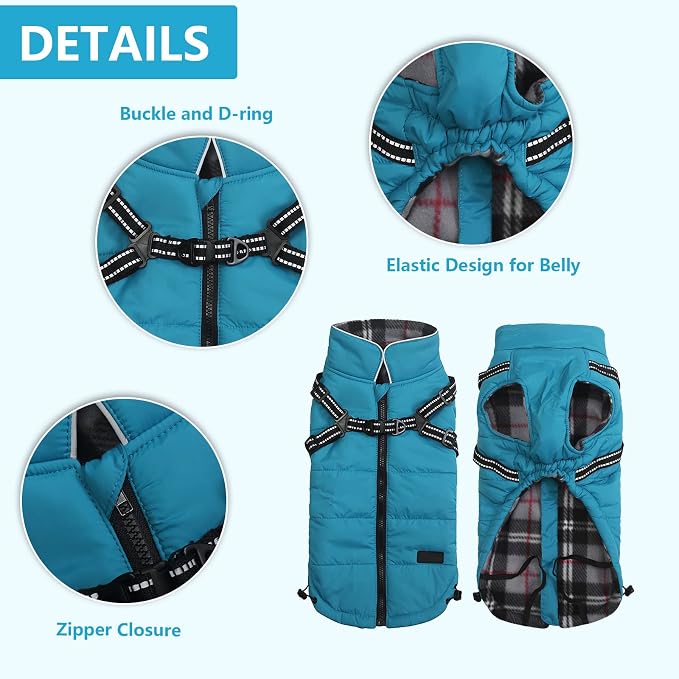 Geyecete Waterproof Dog Jacket with Harness, Traction Belt - Pet Outdoor Jacket for Small, Medium Dogs - Blue