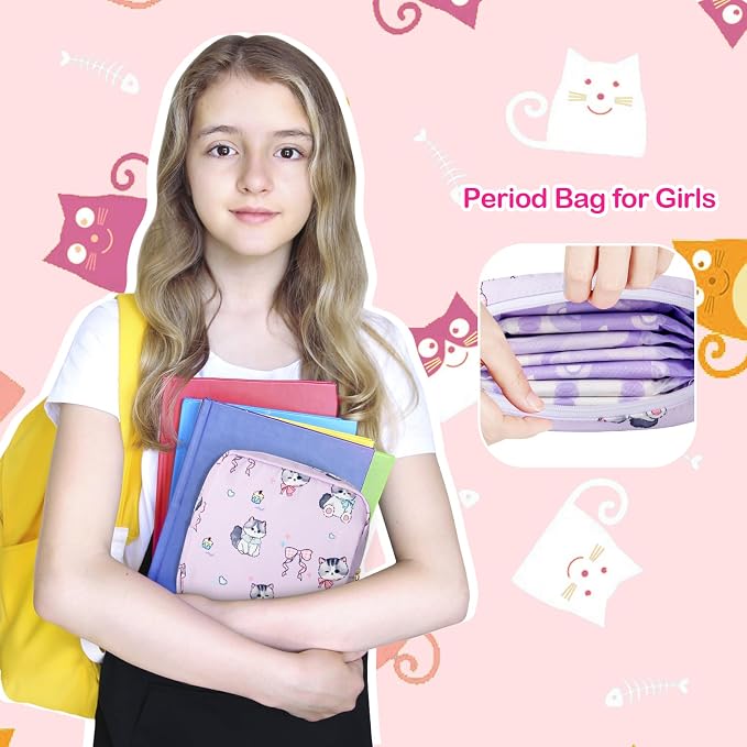 Likesing Tampon Holder for Purse, Canvas Period Bag Sanitary Napkin Storage Bag for Girls Womens, Portable Feminine Emergency Pad Period Pouch(Daisy Black Cat)