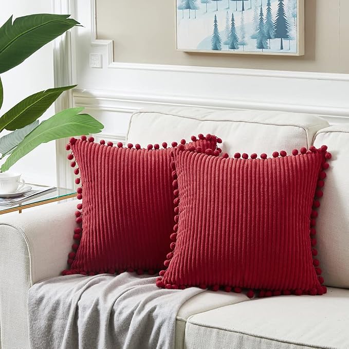 Fancy Homi 2 Packs Burgundy Decorative Throw Pillow Covers 20x20 Inch with Pom poms, Christmas Home Decor, Soft Corduroy Accent Square Cushion Case for Living Room Couch Bed Sofa 50x50 cm