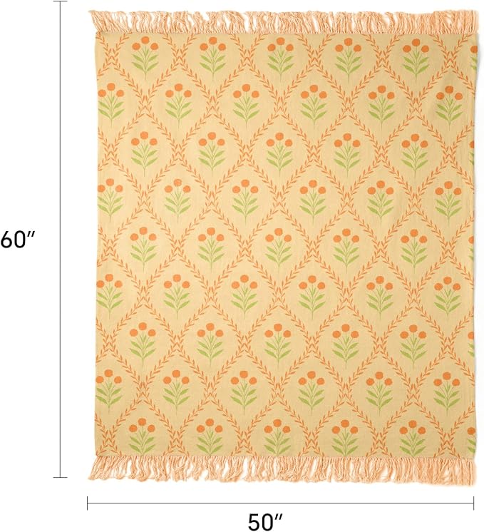 100% Cotton Boho Throw Blanket for Home Decor – Classic Farmhouse Quilt Bedding, Muslin Blankets for Adults, Vintage Woven Decorative Blanket for Couch, Bed Layering Use, Vintage Floral, 50"x60"