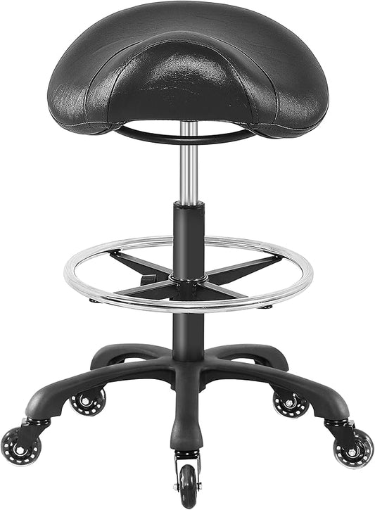 Saddle Salon Stool with Footrest,Heavy Duty, Adjustable Height, Rolling Esthetician Chair for Tattoo Spa Medical Dentist Clinic (Black)