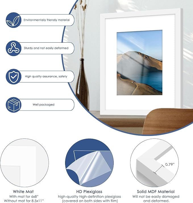 8.5x11 Picture Frame Set of 6, Wall Mount Display, White | Display Pictures 6x8 with Mat or 8.5x11 Without Mat, Horizontal or Vertical, Gallery Wall Frame Set, Wedding Birthday Gifts