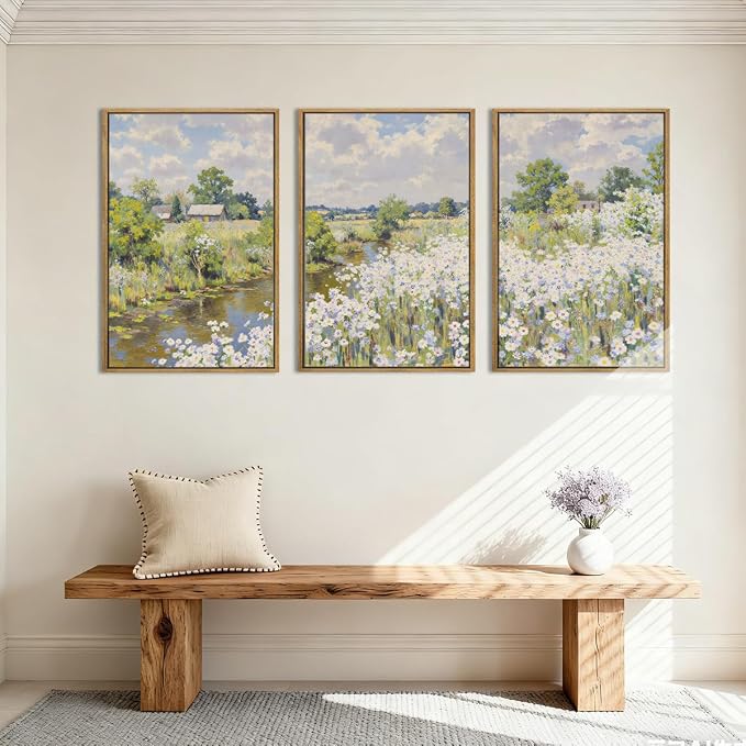 BINCUE Framed Wildflower Wall Art Rustic Floral Wall Decor Vintage Landscape Artwork for Living Room Bedroom Bathroom 16x24 Inches Set of 3