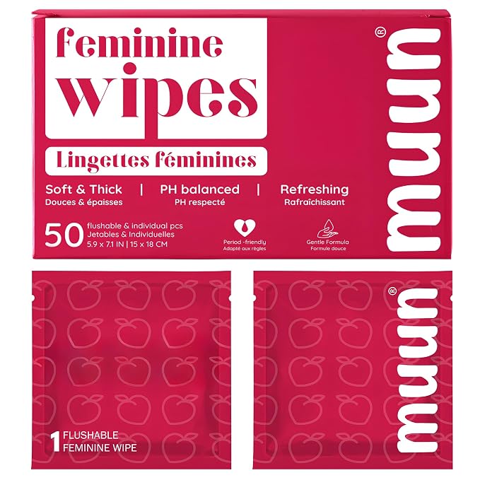 Muun Feminine Wipes Flushable - 50 Counts Individual Vaginal Wipes Ph Balance, Anti Itch Deodorant Hygiene Wrapped Personal Cleansing, Wet Wipes for Intimate, Butt