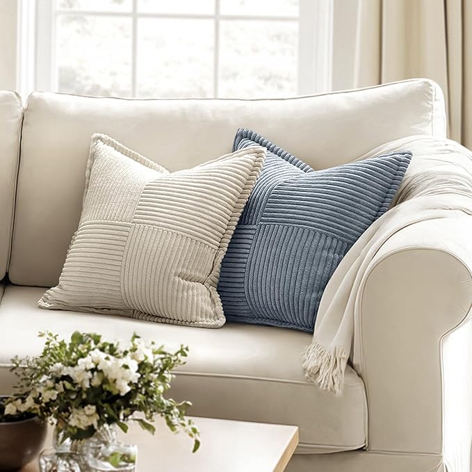 MIULEE Decorative Throw Pillow Covers for Couch 16x16 Inch Dustyblue 2 Pack | Boho Broadside Striped Patchwork Pillow Covers, Soft Corduroy Cushion Cases, For Sofa Bed Livingroom Home Decor