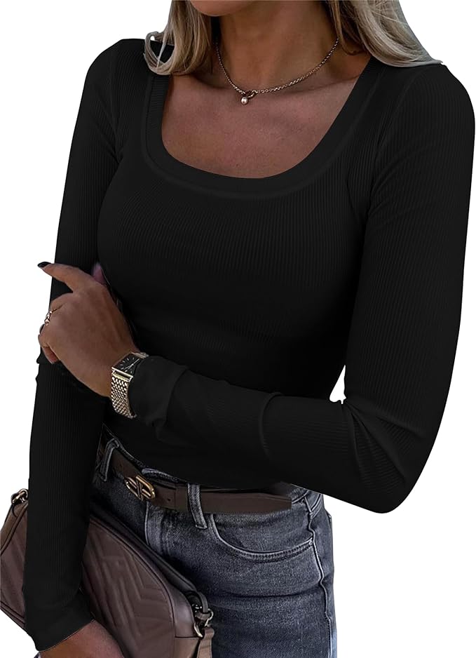 Roselux Womens Long Sleeve Scoop Neck Ribbed Knit Fitted Casual Tops Tee Slim Basic Shirts