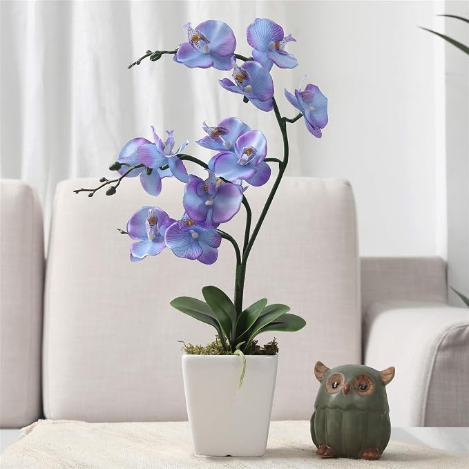 15" Silk Phalaenopsis Orchid in Square Pot, Purple Blue Flower Arrangements | Lifelike Faux Potted Blooms with Moss in a Ceramic Planter. Looks Real, Zero Upkeep, Ideal Centerpiece for Any Table