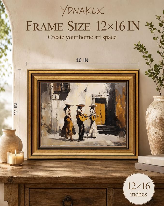 Gold Framed Wall Art, Mexican Mariachi Canvas Prints, Vintage Mexican Street Scene Picture Wall Decor, Rustic Southwestern Artwork for Living Room Bedroom 12x16 inch