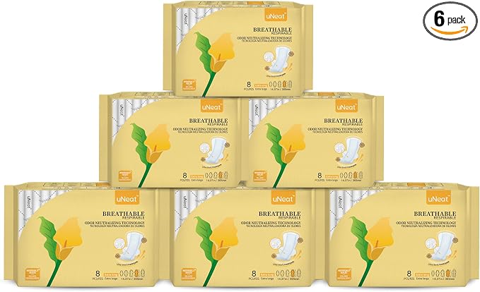 uNeat Extra Long Pads for Women, Ultra Thin Heavy Flow Sanitary with Wings, Unscented Cotton Menstrual, Super Absorbency Feminine Extra Coverage Period (Size 4, 48ct)