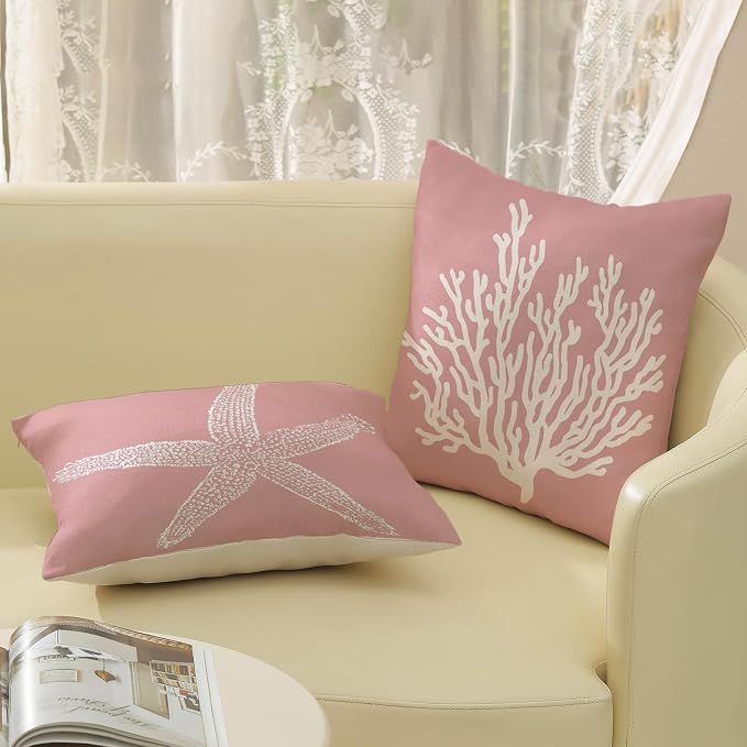 Coastal Pillow Covers 18x18 Inch Set of 2, Pink Coral Starfish Throw Pillows Nautical Ocean Decorations Beach Pillowcase Outdoor Decor Linen Farmhouse Cushion Case for Home Sofa Living Room
