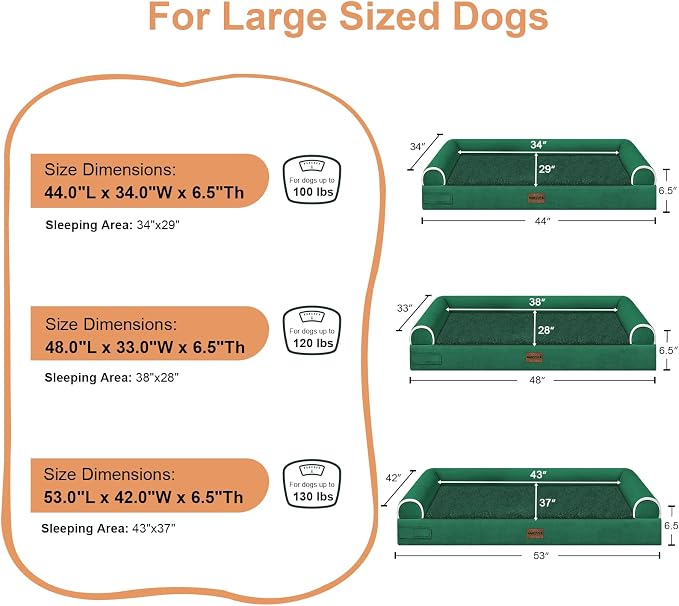 Orthopedic Dog Bed for XX-Large Dogs, 44 x 34 Inch, Emerald | Egg crate foam for joint support, 3-sided bolster pet sofa, waterproof lining, washable cover, and non-skid base