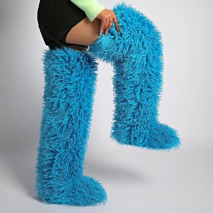SWEETHEART BEAUTY Thigh High Shagy Teddy Fur Boots, 29 Inch Over the Knee Length Fluffy High Boots, Tall Furry Shoes For Women