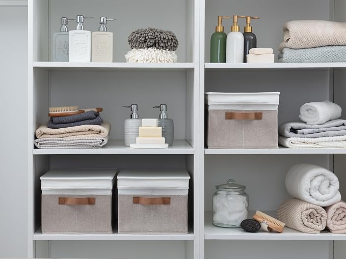 StorageWorks Fabric Storage Bins with Lids, Closet Storage Bins | Lidded Dust-proof, Easy Pull Handles, Foldable, Stackable, Ideal for Clothes Blanket Towel, Large, Brown and White, 3-Pack