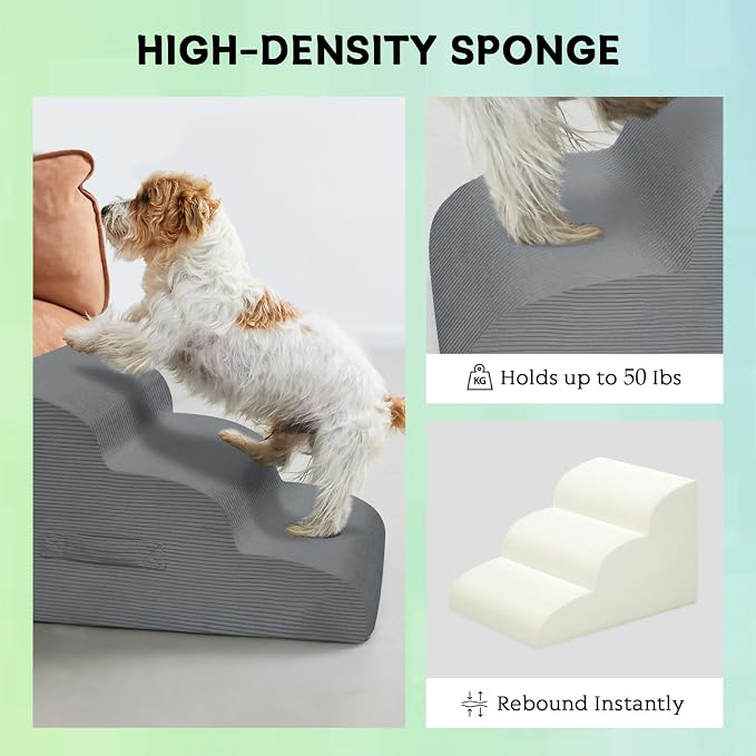 Mesa Lemon 3 Step Dog Stairs Pet Ramp for High Beds, Sofas and Cars | High Density Foam, Non-Slip Bottom, Removable Washable Cover, Portable Handle, Holds Up to 50 lbs, 16 Inch Height