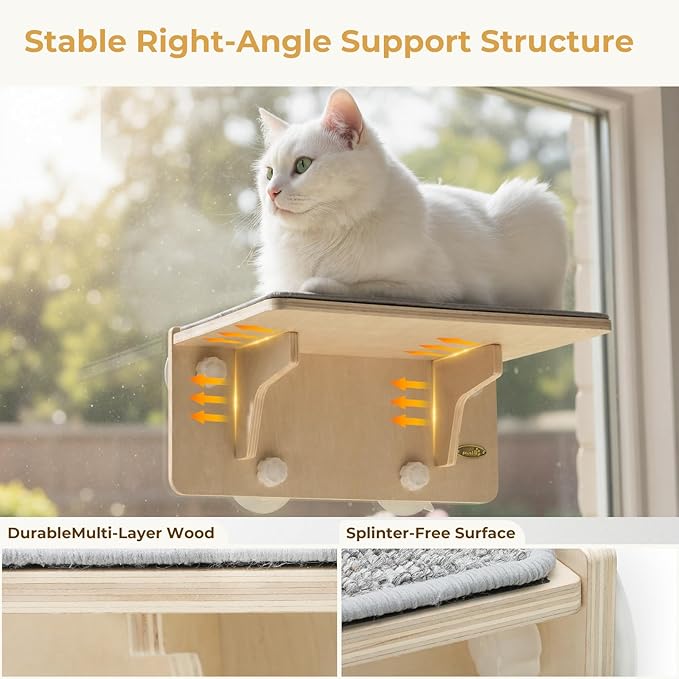 Pecute 2-in-1 Cat Window Perch & Wall Shelves, Cat Hammock Window 16"x10" | Solid Wood Frame, Strong Suction Cups, Washable Cover Mat, Window Bed for Kitten, Indoor Cats, Window Seat for Birds Watching