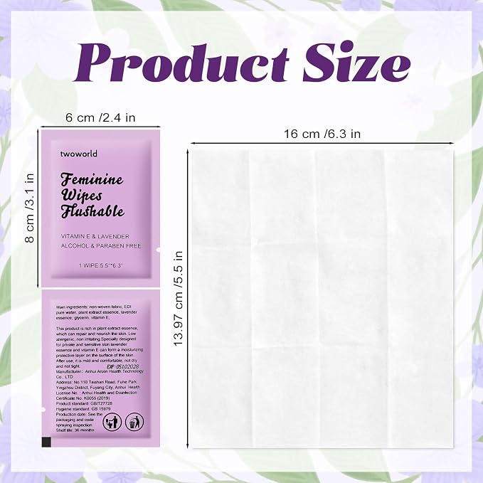 twoworld 100 Feminine Wipes Individually Wrapped,Flushable Wipes Travel | Feminine Care Vaginal Wipes for Adult,Women,Girl and Homeless(Lavender)