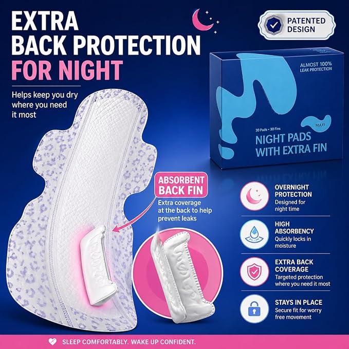 Overnight Pads with Wings – Size 5 (Maxi Pad) – Ultimate Leak-Free Protection with Absorbent FIN Technology – 30 Sanitary Napkins with pH-Balanced Wipes – Sanitary Pads for Women & Teens