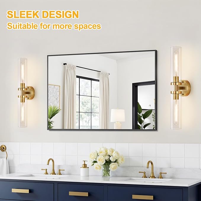 Indoi Brushed Gold Wall Sconces, Hardwired Bathroom Sconces Wall Lighting with Clear Glass, Modern Sconces Wall Light fixtures for Bathroom Mirror Living Room Hallway Bedroom