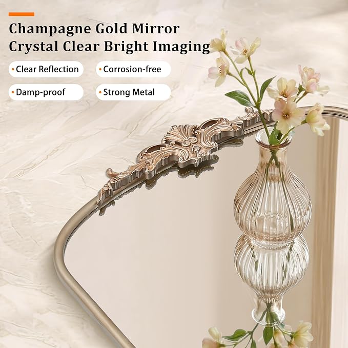 Besdomus Vintage Large Wall Mirror: 24"x42" French Gold Arch Vanity Mirrors | Champagne Baroque Antique Decorative - Traditional Ornate for Hallway/Fireplace/Over Sink - Ideal for Bathroom Remodeling