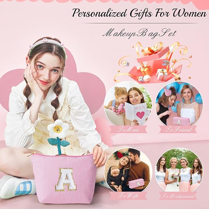 YOOLIFE Christmas Gifts for Grandkids Stocking Stuffers For Teen Girls Teacher Gifts Initial Clear Makeup Bag Birthday Gift Travel Toiletry Cosmetic Bags Birthday Gift Travel Essentials Pink M
