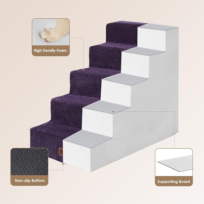 EHEYCIGA Dog Stairs for High Bed 22.5" H, 5-Step Dog Steps, Purple | Pet Steps for Small Dogs and Cats for Bed, Non-Slip Balanced Pet Ramp Indoor