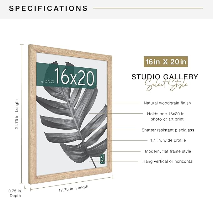 MCS Studio Gallery 16x20 Poster Frame Natural Woodgrain Engineered Wood, Vertical & Horizontal Wall Hanging Large Picture Frame for Photos, Posters & Art Prints (1-Pack)