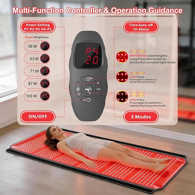 Red Light Therapy for Body, Red Light Therapy Mat with 3 Light Modes & 5 Working Modes, 1260 LEDs redlight with 660nm & 850nm Dual Wavelength, Suitable for Men, Women, and All Types of Pets
