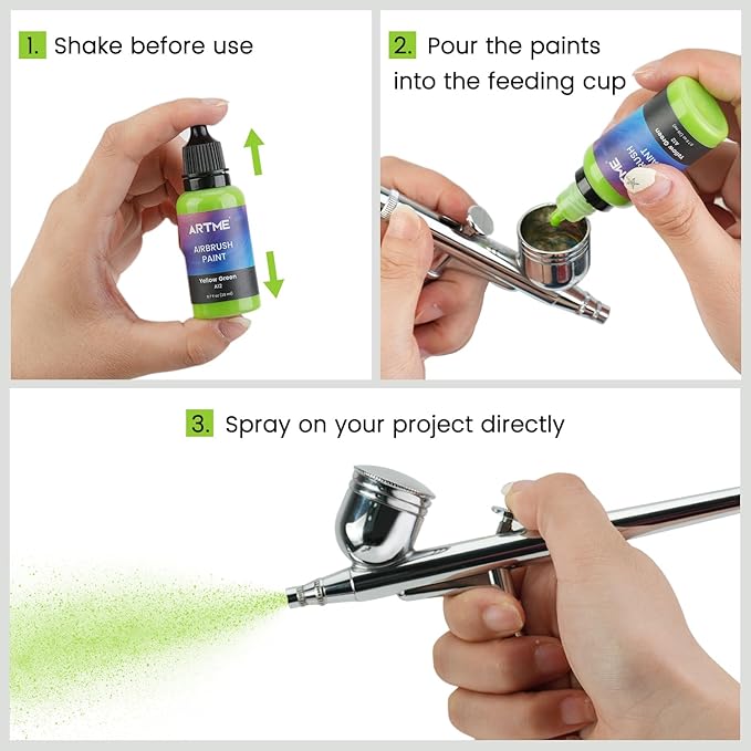 Airbrush Paint, ARTME 42 Colors with 3 Thinner, Ready to Spray, Opaque & Water Based Acrylic Airbrush Paint Set Including Metallic & Neon Colors, Premium Air brush Paints for Metal, Models, Plastic, Canvas, and Wood