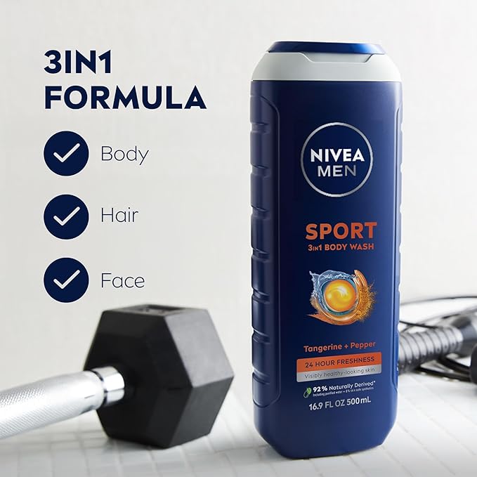 NIVEA MEN Sport Body Wash with Revitalizing Minerals, Tangerine and Pepper Scent, 3-in-1 Men's Body Wash, Face and Hair, Paraben Free, Vegan Formula, 16.9 Fl Oz Bottle, Pack of 3