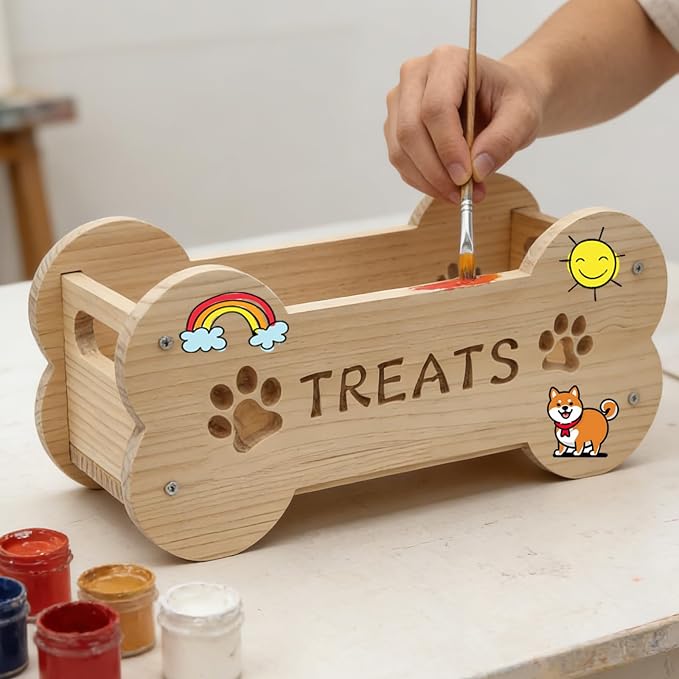 Dog Treat Storage Containers with 3 Plastic Jars Wooden Pet Food Dispenser DIY Painting on Wood for Dogs Puppies Food Storage Solution Kitchen Space-Saving and Gift for Dog Owners