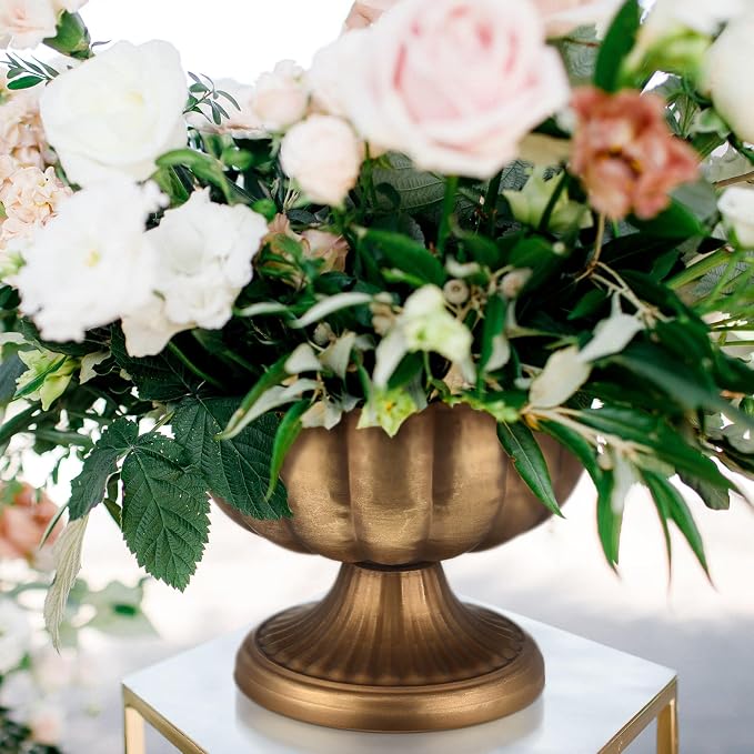2 Pcs Distressed Gold Compote Vase, 8" Wide Pedestal | Vintage Pedestal Bowl for Wedding Centerpieces, Antique Urn Planter Style, Anniversary Parties, Indoor Outdoor Summer Events