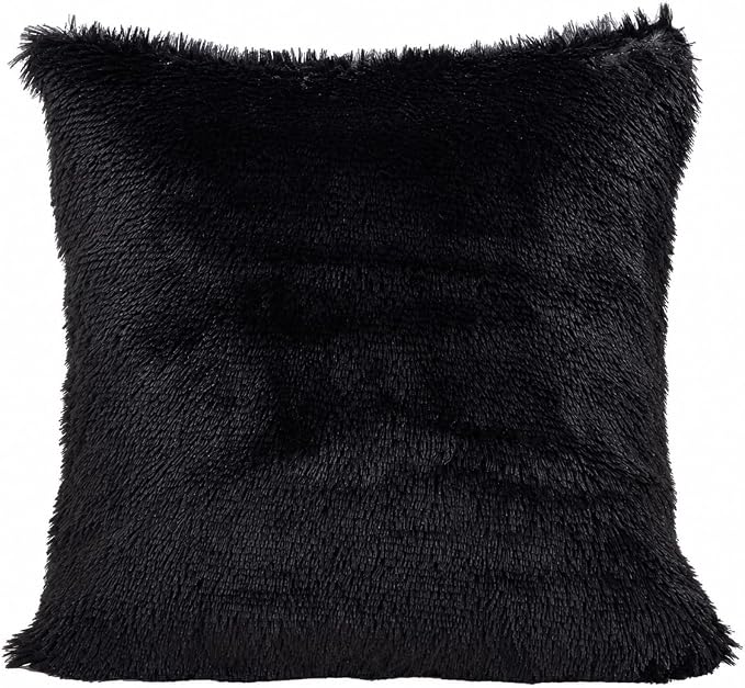 REAFORT Long Hair Faux Fur Euro Sham Cover 26"x26", Hidden Zipper(Black) | Ultra-soft plush faux fur with a hidden zipper adds luxurious comfort and is machine washable for easy care.