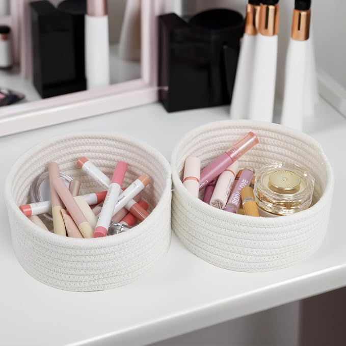 3 Pack Small Woven Cotton Rope Baskets for Organizing, White | Cute Mini Round Basket, Small Storage Baskets for Gift Empty, Decorative Boho Toy Baskets Bins for Nursery, Bathroom, Decor