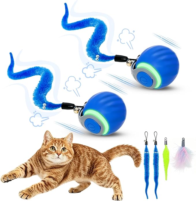 Interactive Cat Toy Ball - Automatic Moving Cat Ball for Indoor Cats with 3 Tails, Rechargeable Silent Kitten Toy for Boredom & Exercise, Rolling Ball Toy with 2 Modes & 2 Speeds.