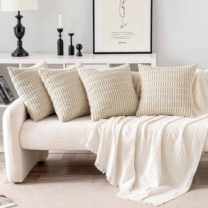 MIULEE Pack of 4 Cream White Corduroy Decorative Throw Pillow Covers 20x20 Inch Soft Boho Striped Pillow Covers Modern Farmhouse Home Decor for Sofa Living Room Couch Bed | Neutral Rustic Farmhouse Boho Soft Striped Pillow Covers,Home Decor for Sofa,Li...