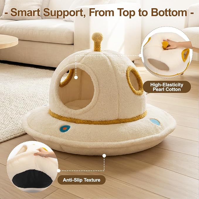Cat House for Indoor Cats - 2 in 1 UFO Large Cat Bed Cave | Soft Sherpa Fabric, Calming Cozy Hideaway, Removable & Washable Cushion, Spacious for Multi-Cat Families (Up to 25 Lbs)