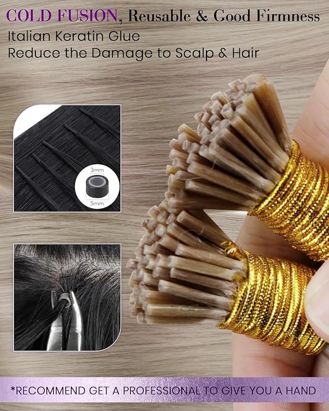 LaaVoo Itips Hair Extensions Human Hair Ash Blonde Highlighted Bleach Blonde I Tip Hair Extensions Stick Tip 22in 50g 50s