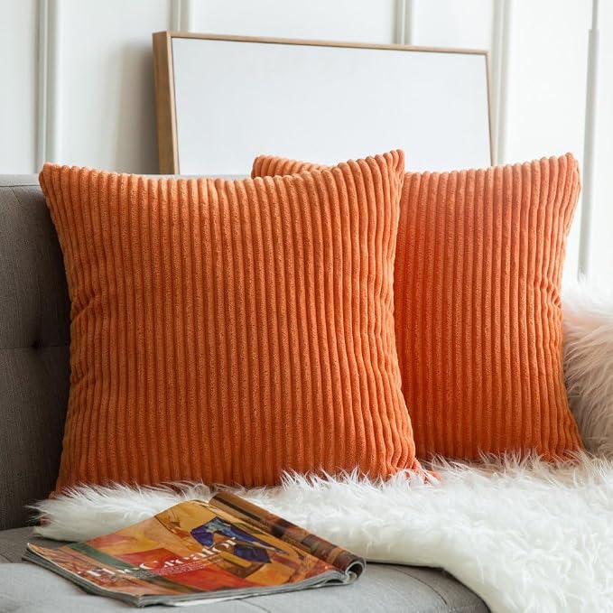 MIULEE Fall Decorative Corduroy Throw Pillow Covers Set of 2 20x20 Orange | Soft Striped Textured Cushion Cases, Boho Energetic Vibe Pillowcases for Home Decor, for Couch Chair Sofa Bed Living Room
