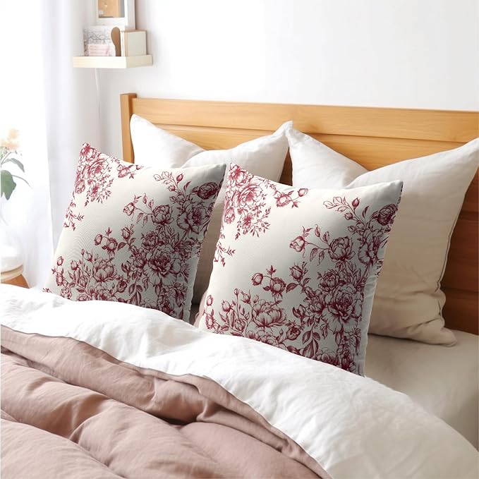 Kawani Chinoiserie Floral Throw Pillow Covers 18x18 Set of 2, Vintage Rose Pink White Flowers Square Pillowcase Cotton Linen Cushion Case for Couch Sofa Bedroom Living Room Outdoor Decor