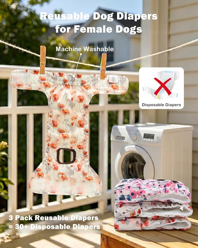 CuteBone Dog Diapers Female Washable Small Medium Large 3 Pack Reusable Doggie Diapers Puppy Period Pants for Doggy Heat Cycle Peeing